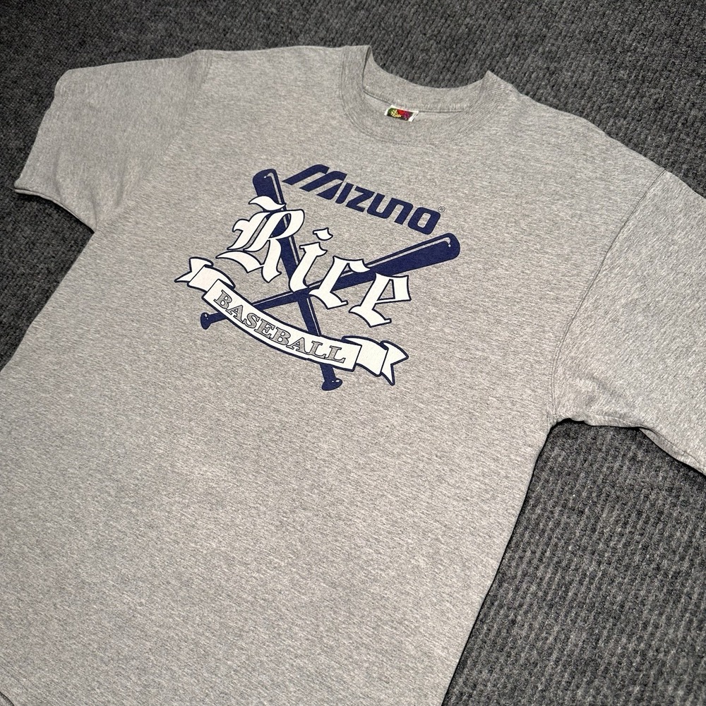Rare Mizuno Rice University Baseball T-Shirt Grey Blue Logo Adult Sz XL